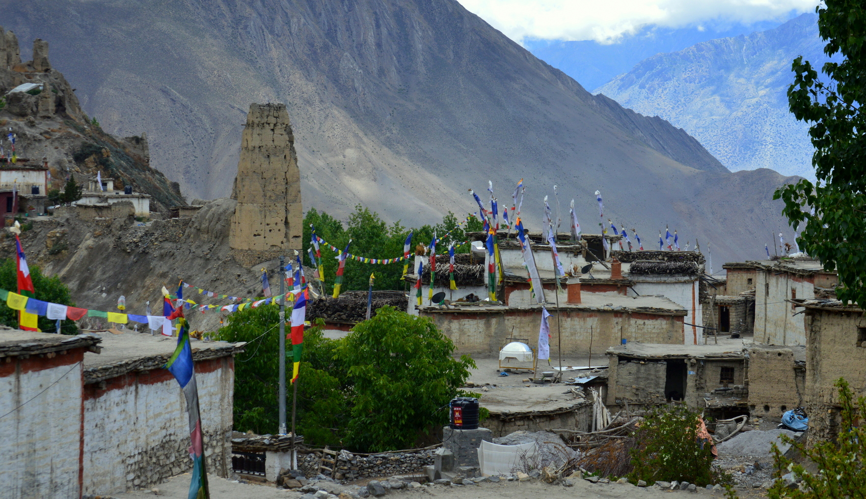 Village with prayer flags near Muktinath, Nepal