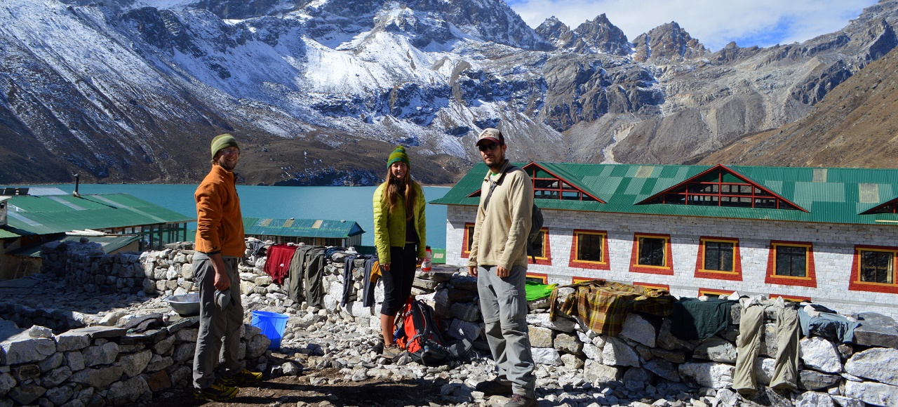 Trekkers drying laundered clothing in the village of Gokyo, Nepal