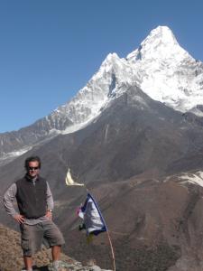 Jerry with Ama Dablam , meaning "Mother's Necklace" . . . it's only 22,493 ft, but is as difficult to climb as it appears