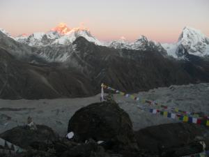 Sunset view from Gokyo Ri with last light on Everest, Lhotse, and Makalu; three of the five highest mountains in the world